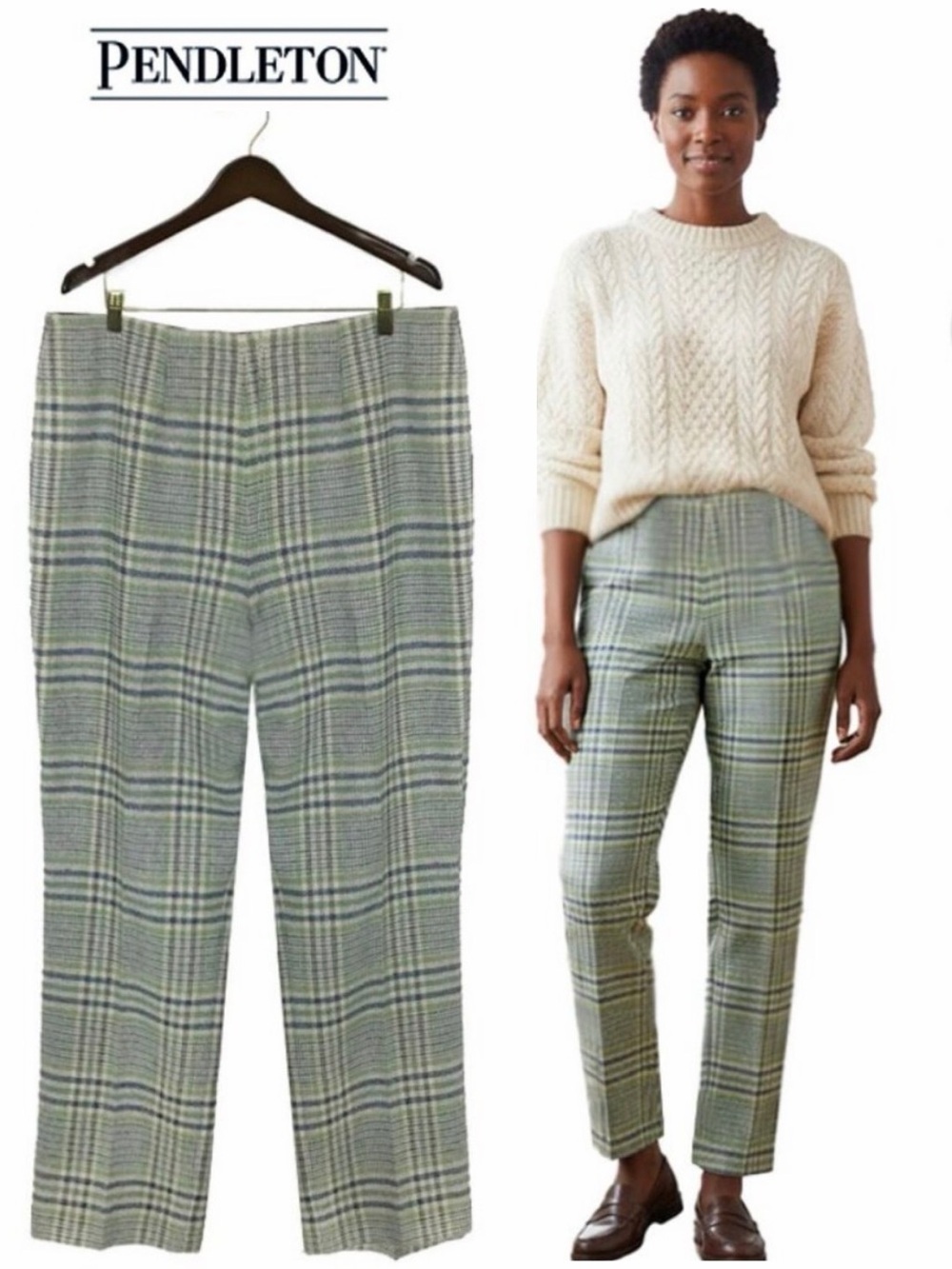Pendleton Vintage 90s Green, Blue Stripes & Light Grey Plaid Wool Pants Trousers